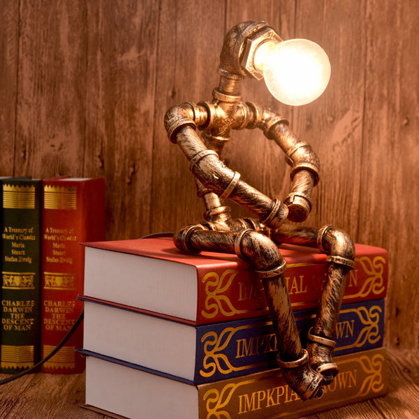 Robot Table Lamp Vintage Loft Iron Pipe Desk Lamp Industrial Led Table Lamps For Bedside Cafe Indoor Retro Decor Light Fixtures